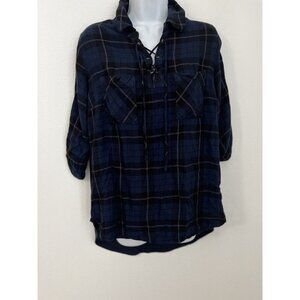 Knox Rose Womens Lace Up Plaid Print Blouse Top Size L Blue Roll Tab Sleeve